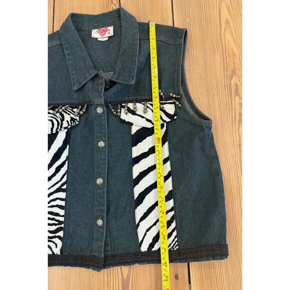 Vintage St Joanne Jeans Dark Denim Zebra Vest Bead Accents Cotton Large - Picture 2 of 6